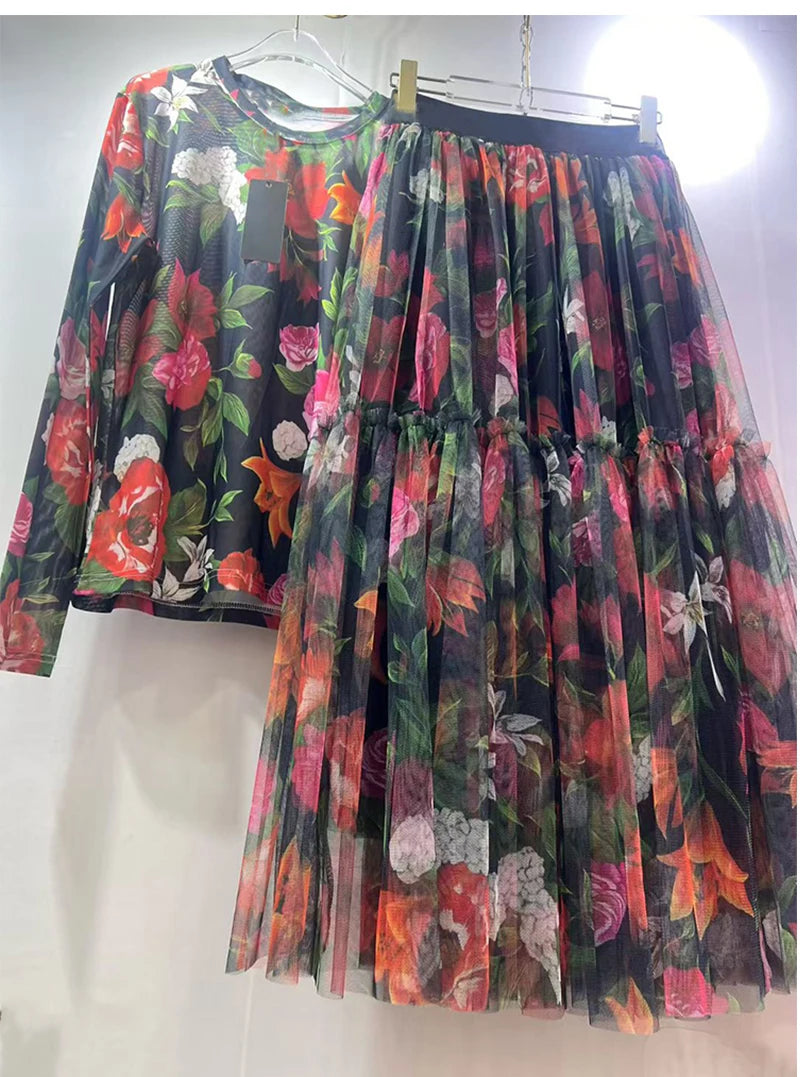 Retro mesh elastic long-sleeved top spring and summer new elastic waist big swing skirt fashion print women's two-piece dress