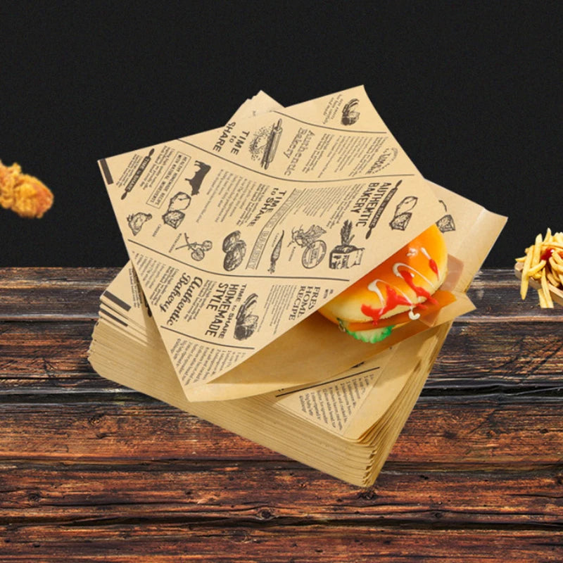 10/20/50Sheets Food Wrapping Paper Newspaper Design Sandwich Burger Fries Fried Food Wrapping Paper Plate Mat Oil Waxed Paper