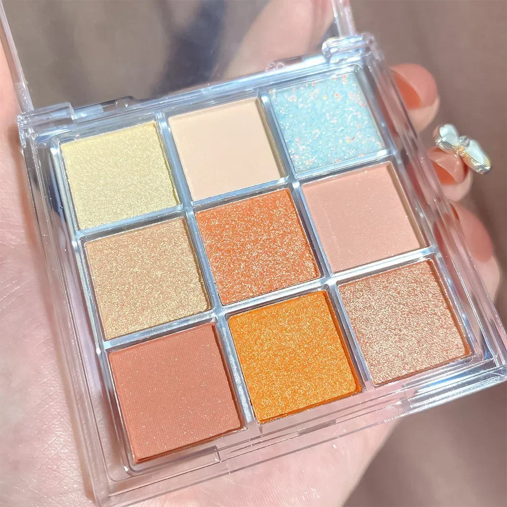 Blushimmer 9-color chocolate eyeshadow palette with pearly, matte, and shiny sequin finishes in earth tones for versatile makeup looks
