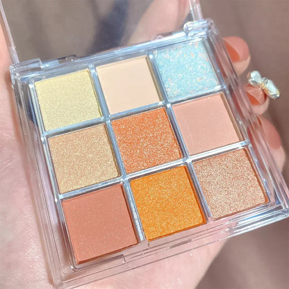 Blushimmer 9-color chocolate eyeshadow palette with pearly, matte, and shiny sequin finishes in earth tones for versatile makeup looks