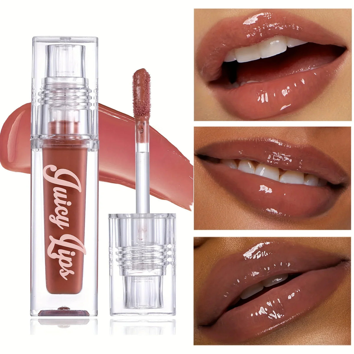 Blushimmer Hydrating Crystal Lip Oil with tinted gloss, featuring a plumping and moisturizing formula, shown on lips.