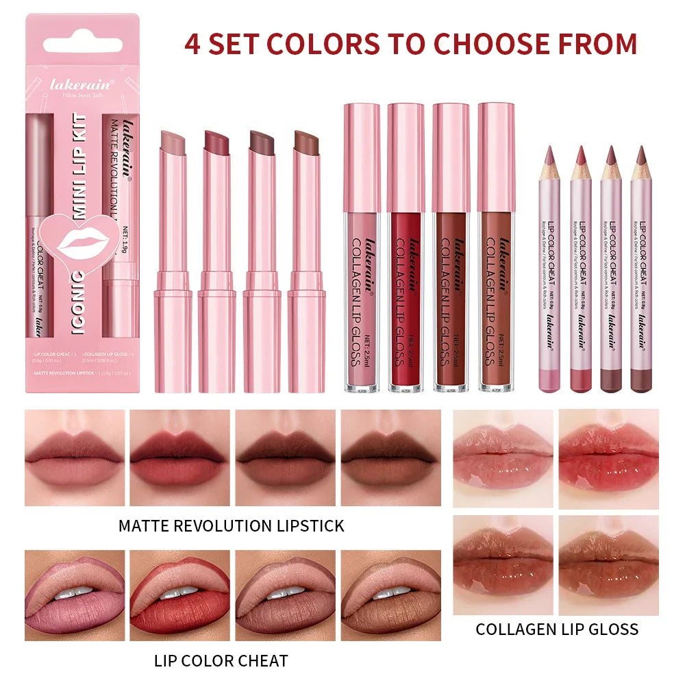 Blushimmer 3-piece waterproof lip liner, lipstick, and lip gloss set with matte finish, ideal for long-lasting, travel-friendly lip makeup.
