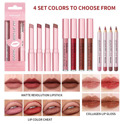 Blushimmer 3-piece waterproof lip liner, lipstick, and lip gloss set with matte finish, ideal for long-lasting, travel-friendly lip makeup.