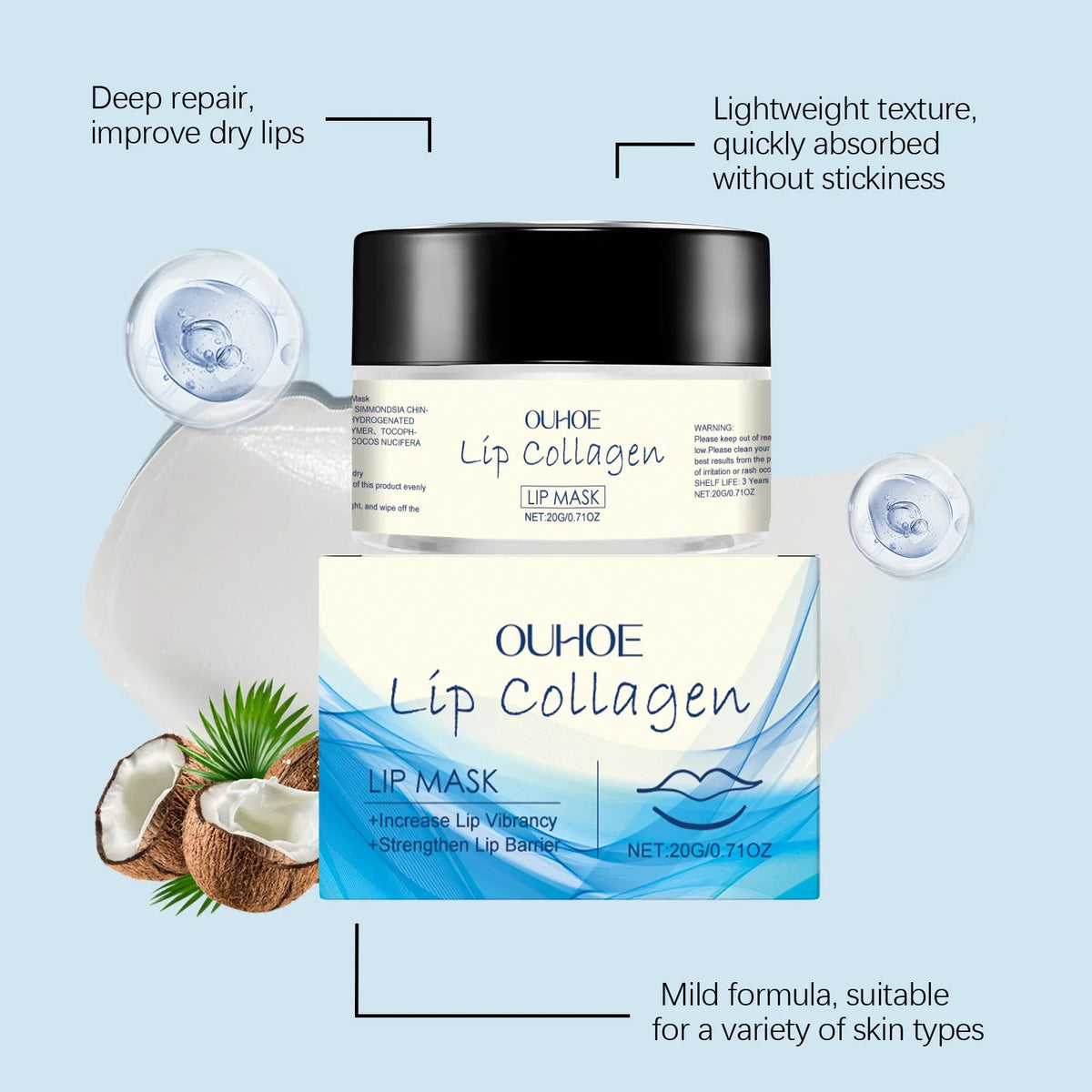 Blushimmer collagen lip mask soothing, moisturizing lip treatment to improve dryness, chapping, and fine lines.