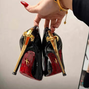Early spring new red soled high heels for women, slim heels, pointed metal swords, sexy ladies,black patent leather single shoes