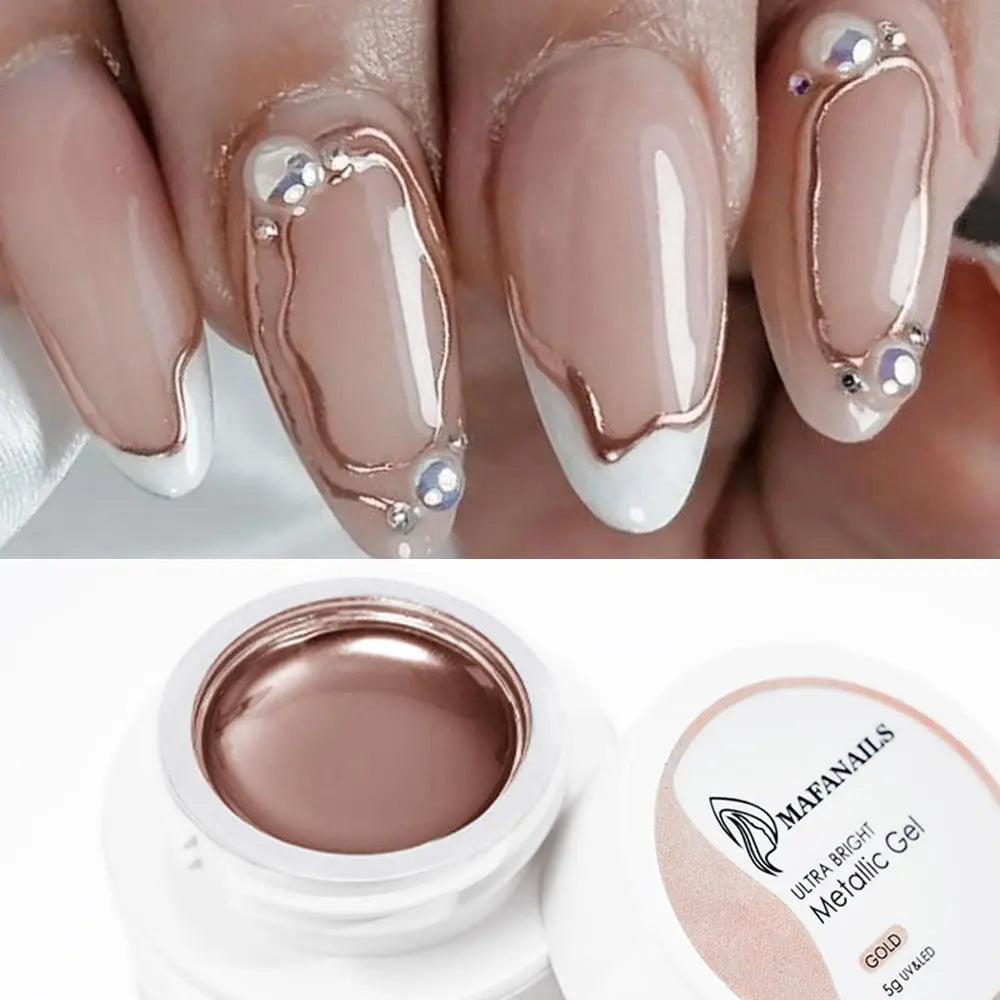 Blushimmer metallic gold mirror effect gel nail polish with French design and flower drawing, available in 5/7/8/10ml UV soak-off polish