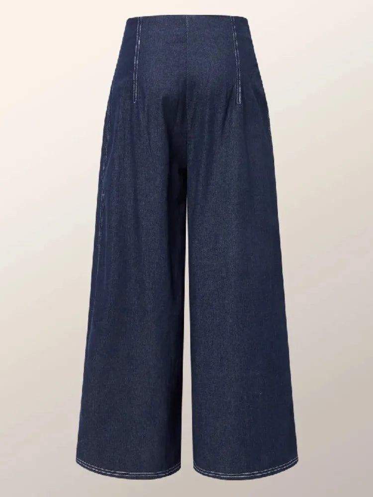 Women's Dark Blue High Waist Pleated Wide Leg Jeans 2026 Spring New Retro Workwear Streetwear Jeans Loose Fit Casual Trousers