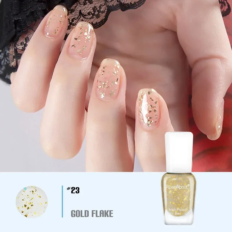 Blushimmer no-bake water-based nude nail polish with colorful glitter sequins, quick-drying and long-lasting for healthy nails.
