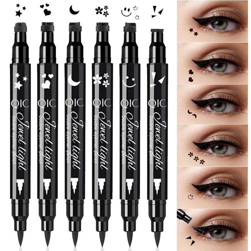 Black waterproof double-ended eyeliner pen with eye stamp and felt tip from Blushimmer, long-lasting, smudge-proof makeup for women.