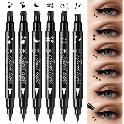 Black waterproof double-ended eyeliner pen with eye stamp and felt tip from Blushimmer, long-lasting, smudge-proof makeup for women.