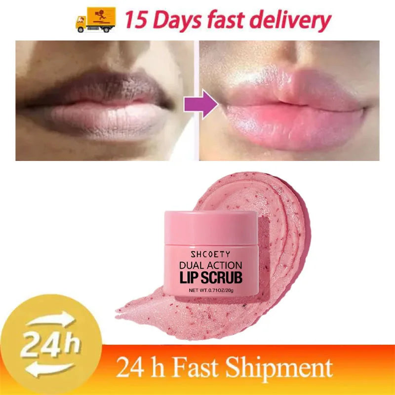 Blushimmer dark lip scrub and exfoliator with pink lip moisturizer, showing pink lip balm and scrub texture for lightening and softening lips.