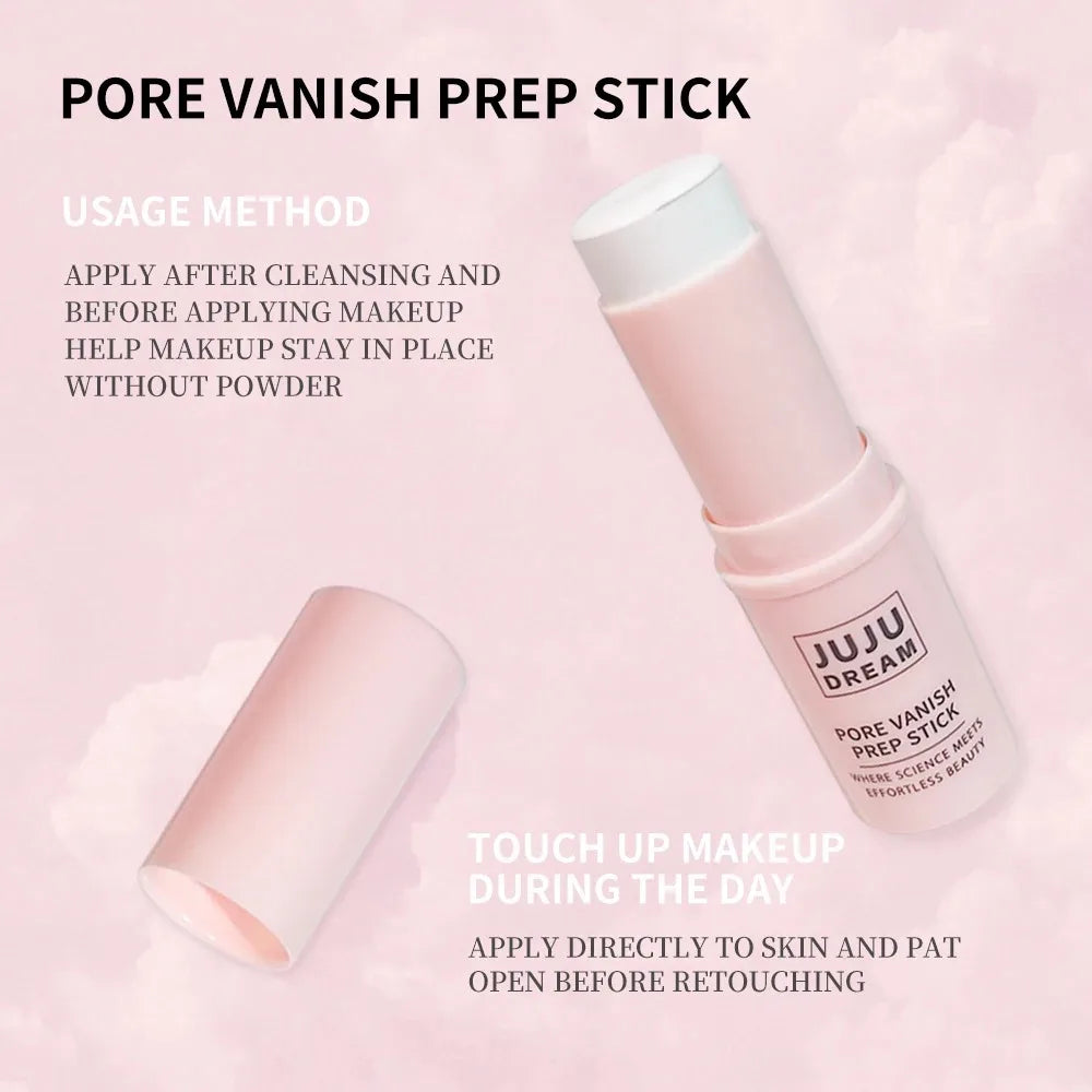 Blushimmer pore minimizing primer stick and hydrating concealer on a skin tone, portable travel makeup essential for a flawless base.
