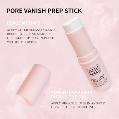 Blushimmer pore minimizing primer stick and hydrating concealer on a skin tone, portable travel makeup essential for a flawless base.