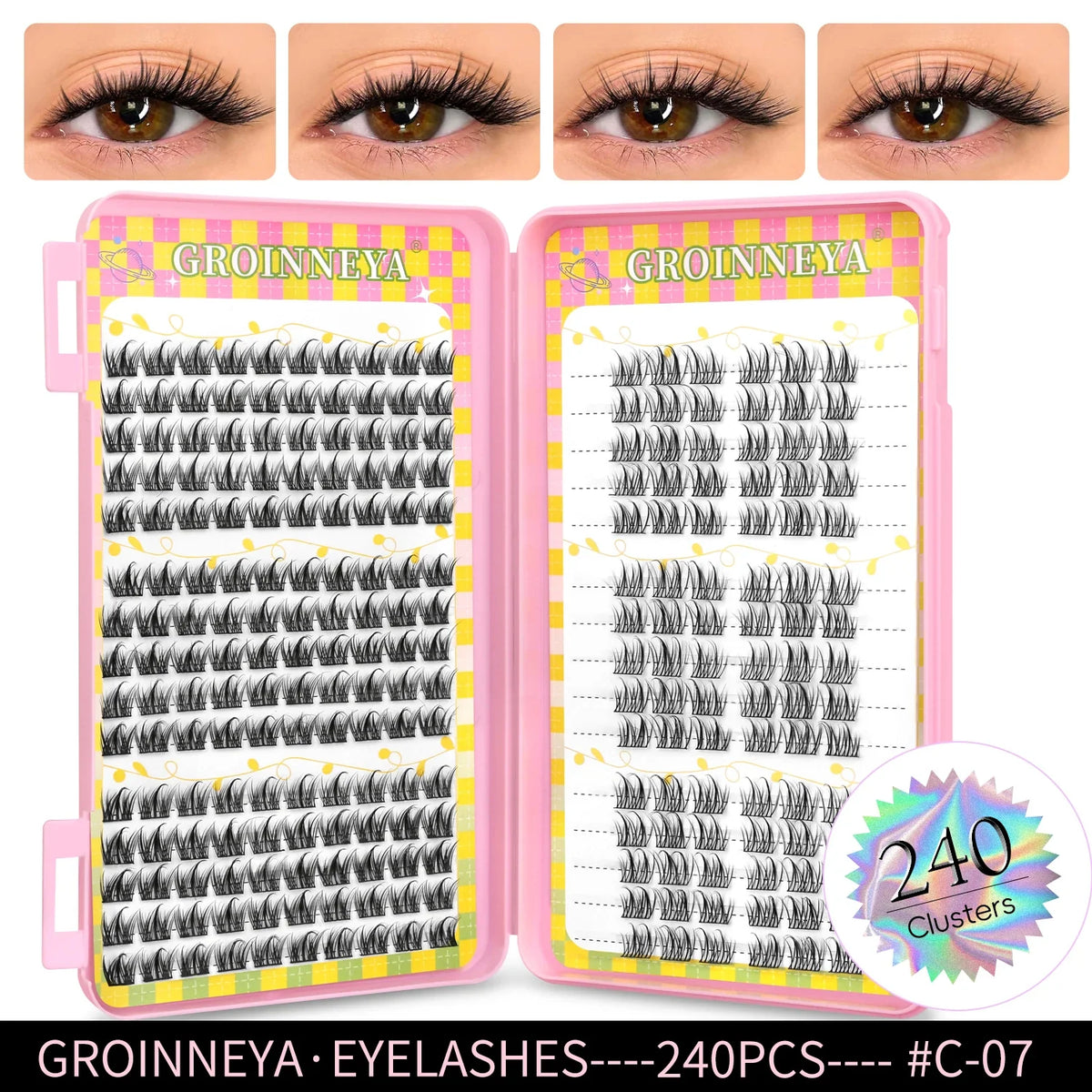 Blushimmer GROINNEYA eyelash clusters, 320 pcs natural volume eyelash extension tray with mixed cluster lashes.
