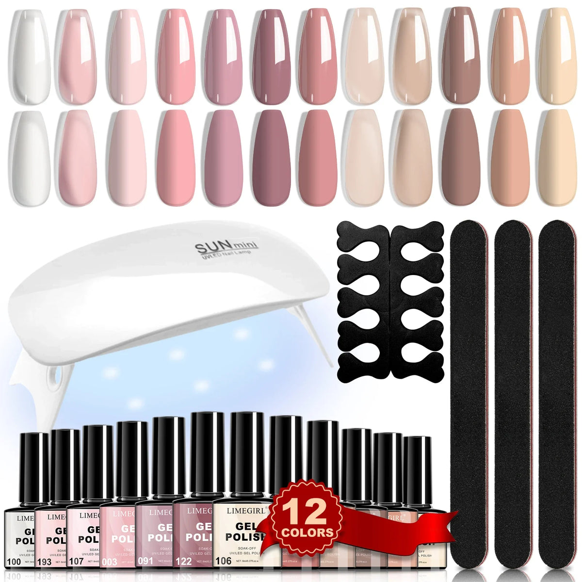 Blushimmer LIMEGIRL 12-pack gel nail polish set with mini LED lamp, featuring vibrant semi-permanent UV nail gels for manicures.
