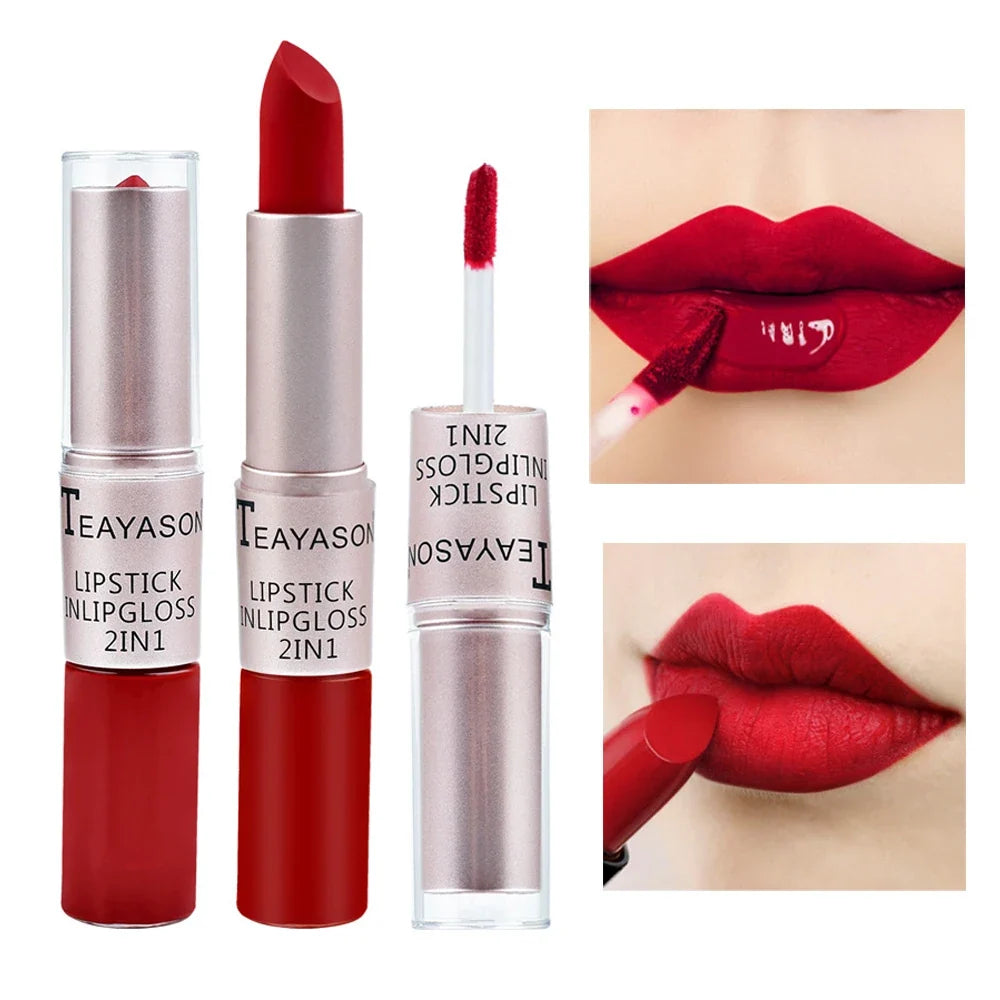 Blushimmer 2-in-1 velvet matte lipstick and lip gloss in red, featuring a double-head design, waterproof and non-stick cup finish.