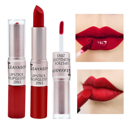 Blushimmer 2-in-1 velvet matte lipstick and lip gloss in red, featuring a double-head design, waterproof and non-stick cup finish.