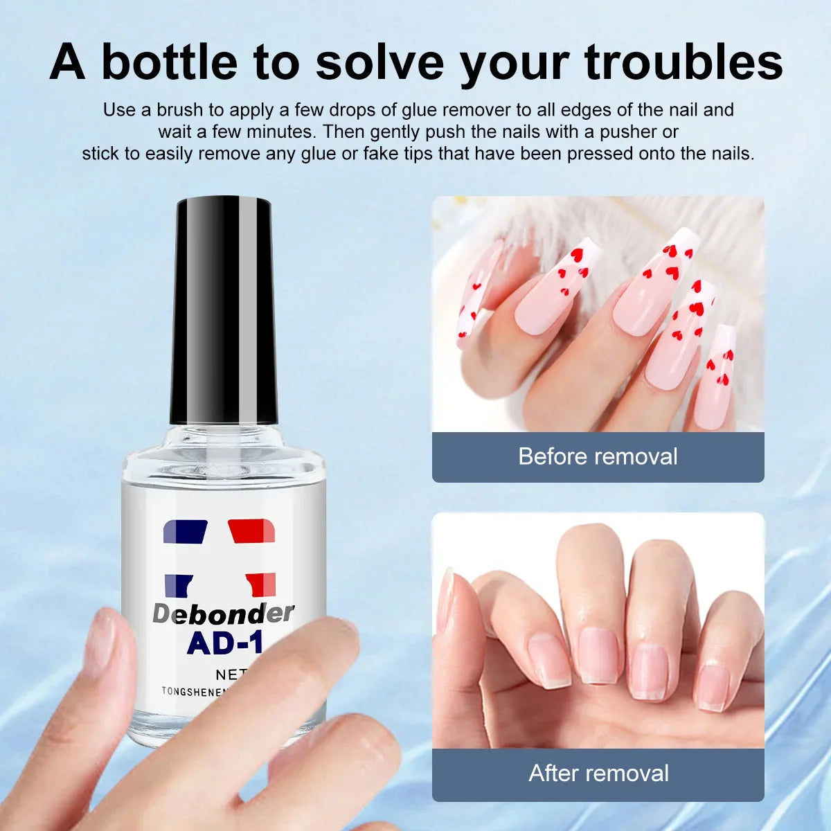 Blushimmer 10ML nail gel remover liquid for quickly and safely removing fake nails and gel in a nail salon setting.
