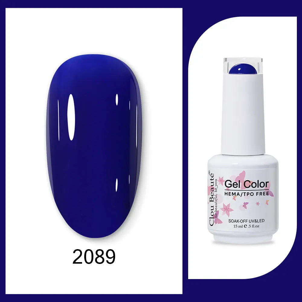 Blushimmer Clou Beaute 15ml gel nail polish with red, black, white, green neon colors and velvet top coat on a display.