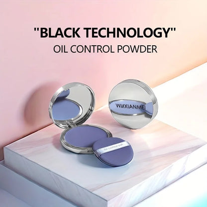 Blushimmer lavender pressed powder compact with matte finish, oil control, full coverage face setting powder for makeup.