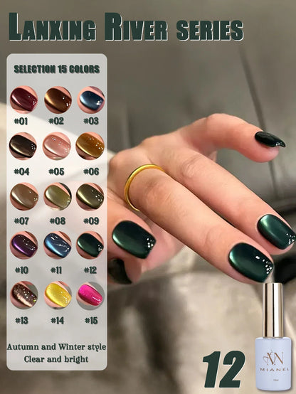 Blushimmer Mianel 12ml Emperor Green cat eye gel nail polish showing glossy green nails with a subtle cat eye effect.