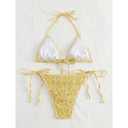 Luxlife floral tie halter micro bikini set with high-waist thong, wrinkled print, and tankini style for stylish beachwear.
