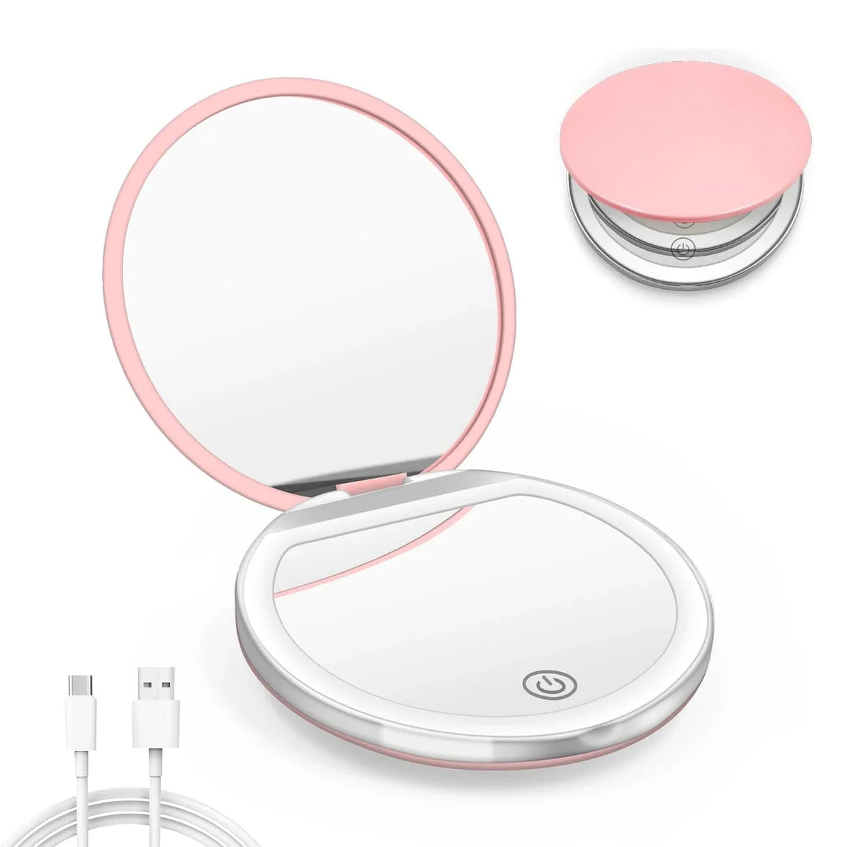 Blushimmer rechargeable LED compact mirror with lights, 1X/3X magnification, handheld travel mirror with illuminated view