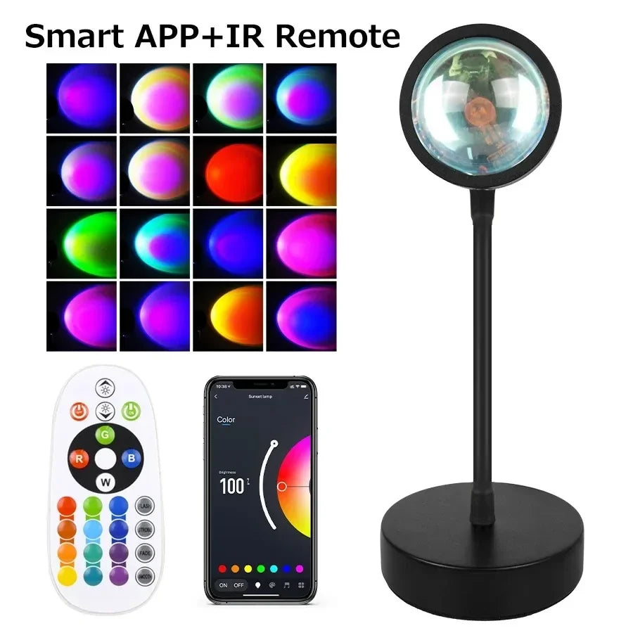 Tuya Smart Sunset Projector Lamp, RGB LED Spotlight with Smart Life App & IR Remote for Party, Photography & Night Light Decor