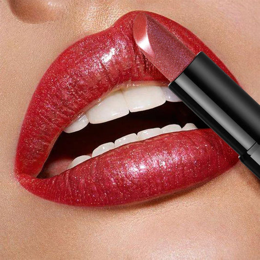 Blushimmer metallic shimmer lipstick with pearly glitter shine, creamy texture, high color payoff, and smooth application for party makeup.