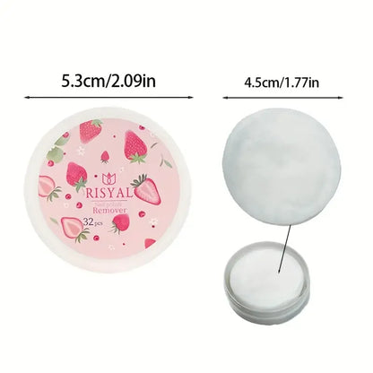 Blushimmer 32pcs strawberry nail polish remover pads, soft absorbable wipes for easy manicure and pedicure care.