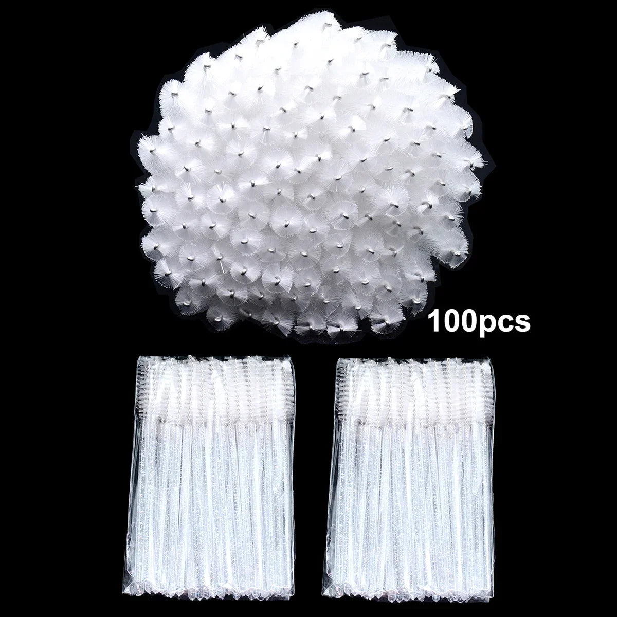 Set of 100 disposable eyelash extension brushes and spoolies by Blushimmer, micro lash mascara wands and combs for precise application.
