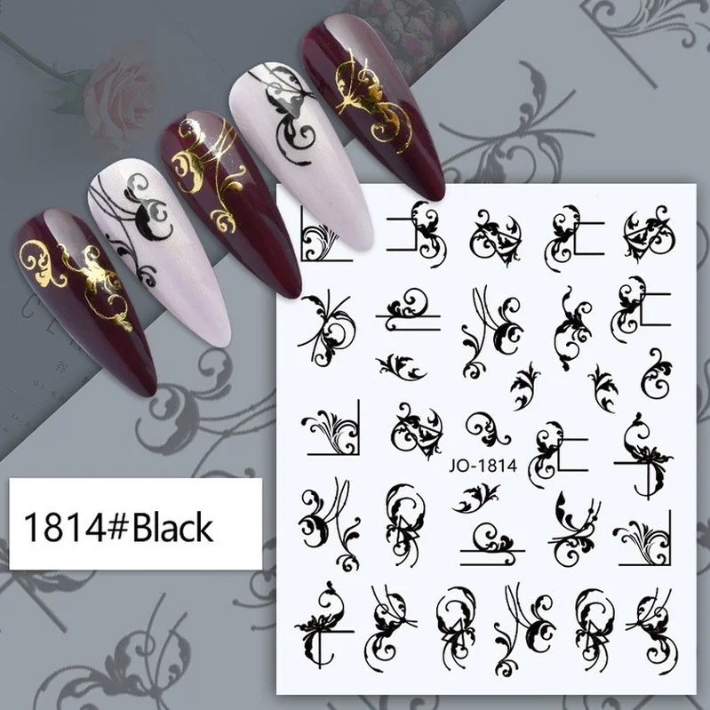 Black and white nail art stickers featuring sexy woman and girl designs, press-on decals for nail decoration and styling by Blushimmer.