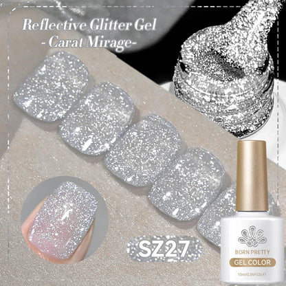 Silver Carat Mirage Reflective Glitter Gel Nail Polish by Blushimmer, ultra-shiny UV soak-off gel with sparkling glitter for nail art.