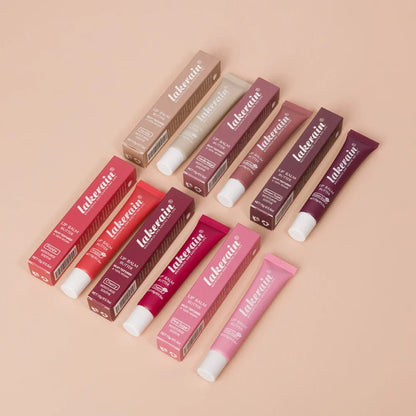 Blushimmer crystal lip balm and moisturizing liquid lipstick in cherry pink and brown sugar shades, glossy lip makeup.