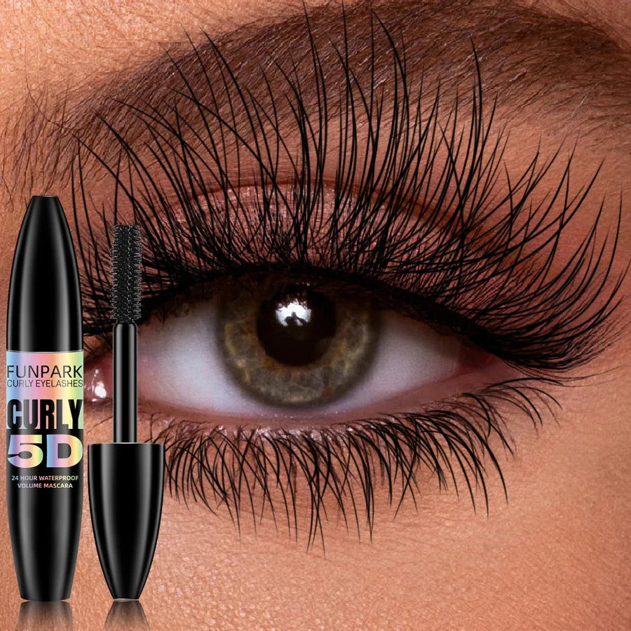 Black 5D fiber mascara by Blushimmer featuring waterproof formula, thickening and lengthening benefits, shown on a mascara wand.