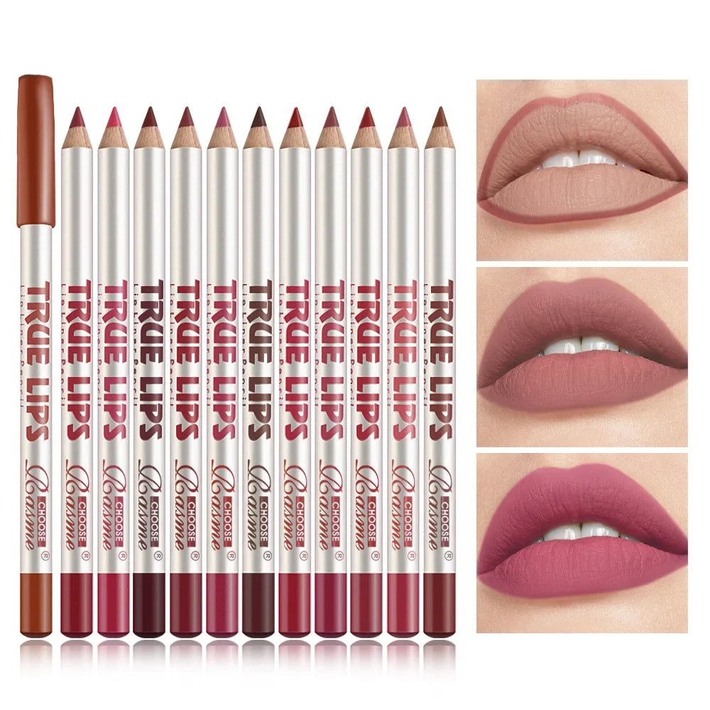 Set of 12 long-lasting lipstick tubes with matching lip liner pencils and matte lip gloss from Blushimmer for women.