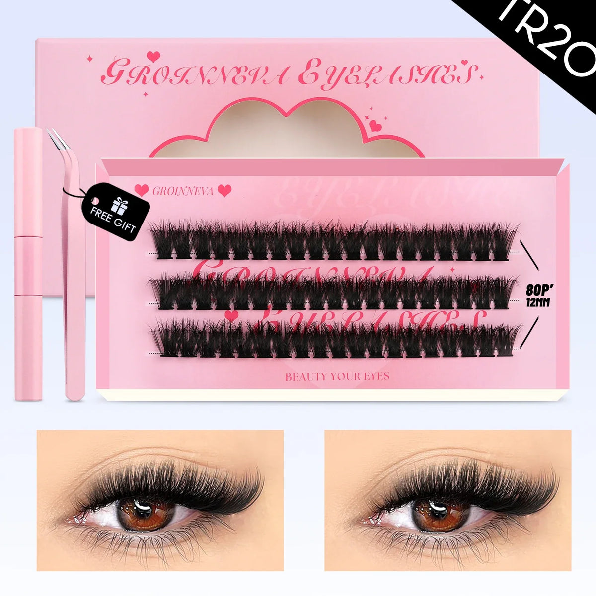 Blushimmer GROINNEYA DIY eyelash extension kit with mixed lash clusters, lash bond, seal, and tweezers for at-home lash application