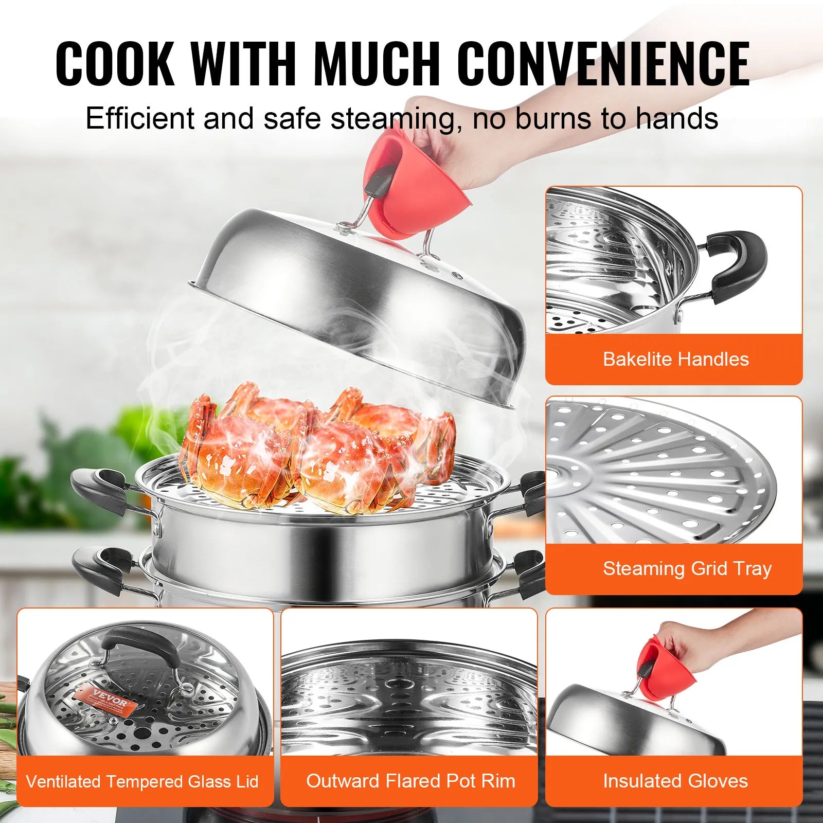SucceBuy Steamer Pot 11in/28cm, 3 Tier Steamer Pot for Cooking with 8.5QT Stock Pot, 304 Stainless Steel Food Steamer Cookware