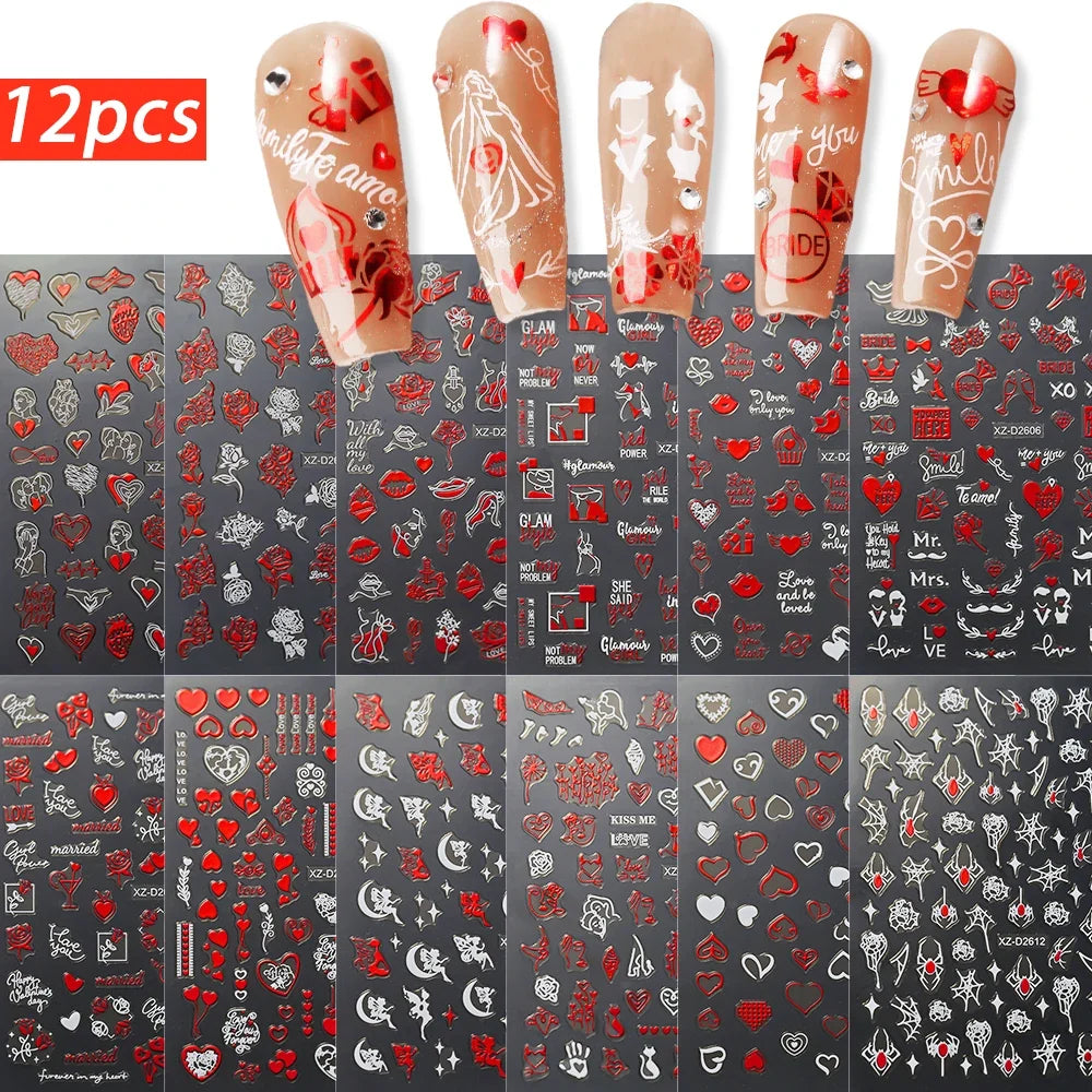 Set of 12 cute cartoon dog and cat nail art stickers featuring 3D graffiti designs on self-adhesive black cat and dog nail decals.