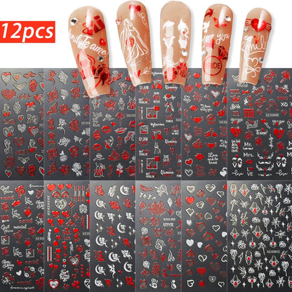 Set of 12 cute cartoon dog and cat nail art stickers featuring 3D graffiti designs on self-adhesive black cat and dog nail decals.