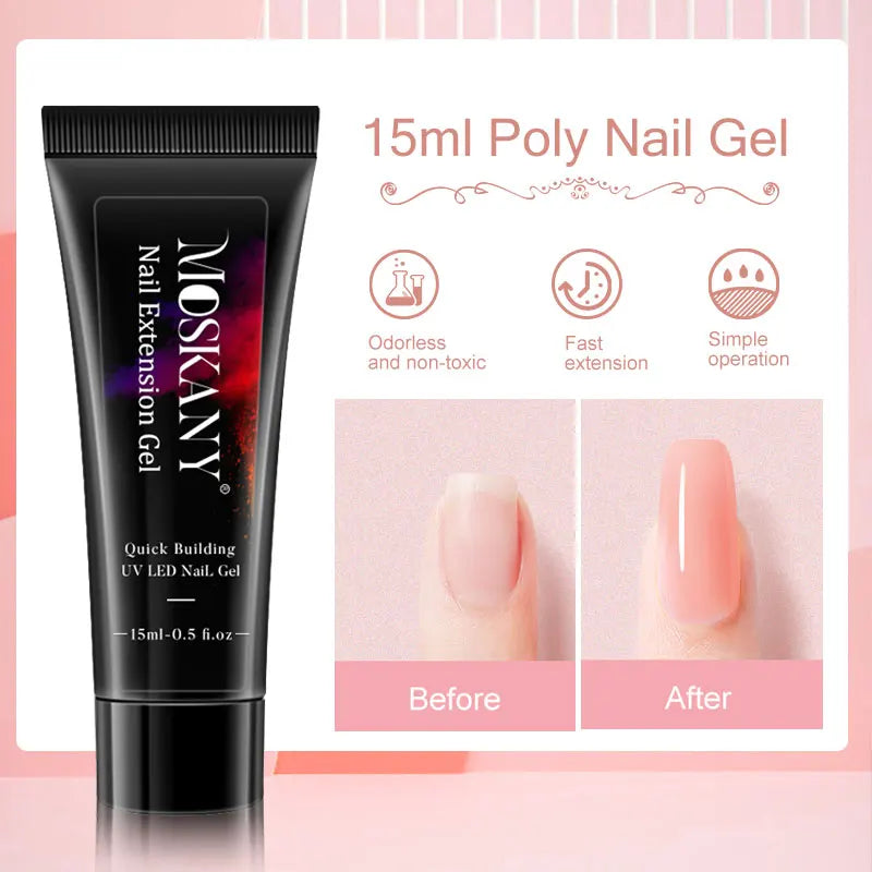 Blushimmer poly nail gel full set with 6W LED lamp, nail tips, 3D art decorations, and manicure tools for beginners.