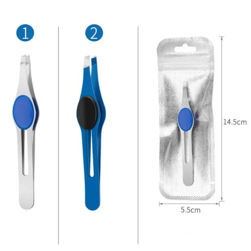 Blushimmer stainless steel eyebrow tweezer with slanted tips for precise hair removal and eyebrow shaping.