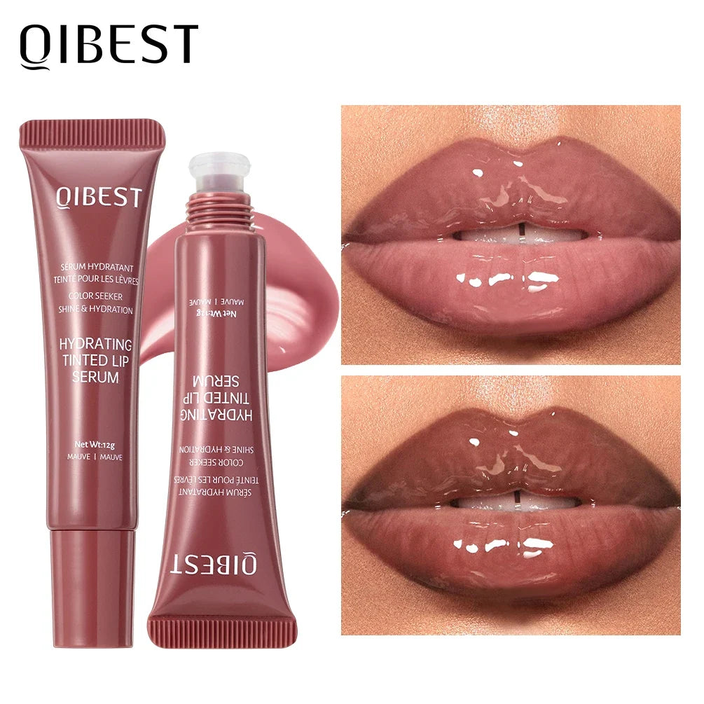 Blushimmer nude brown plumping lip gloss in soft tube, moisturizing lip oil with tint, designed for fuller, hydrated lips.