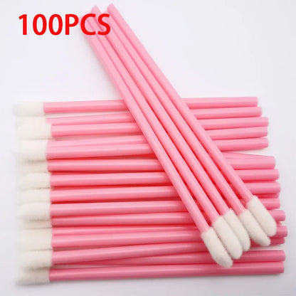 Colorful set of 100 Blushimmer lip brushes and lipstick wands for makeup application and eyelash extension, cosmetic tools for women.