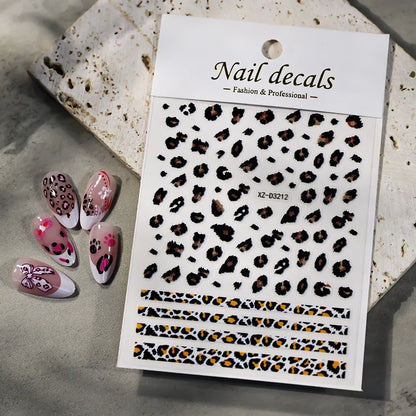Pink and black 5D leopard print nail art stickers by Blushimmer, 8x10cm sheet with adhesive decals for DIY manicure designs.