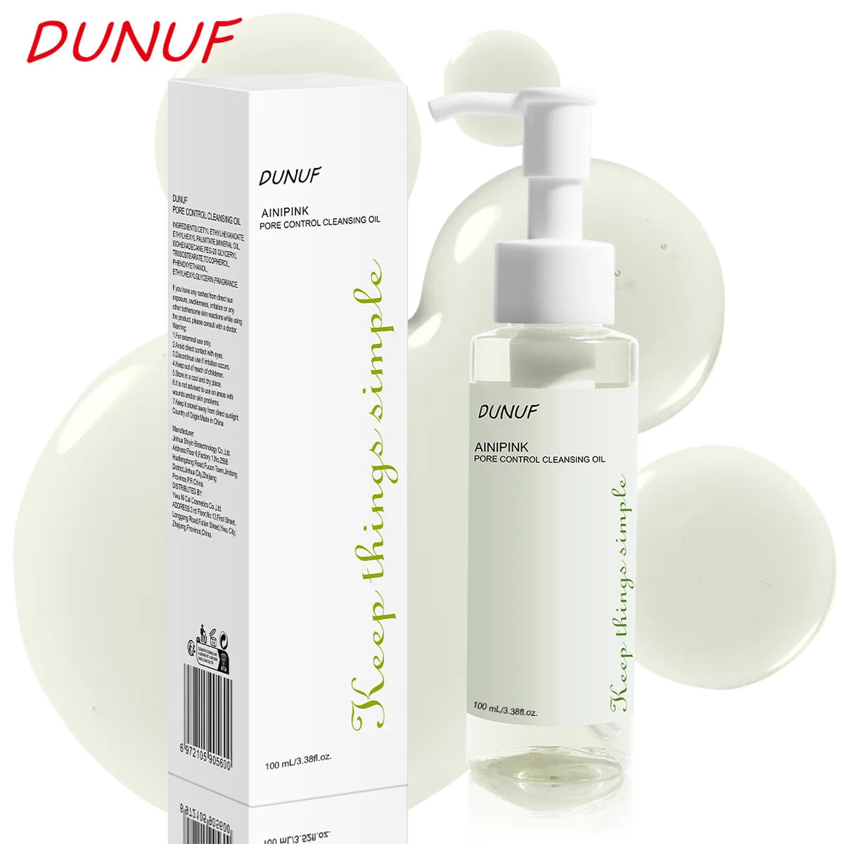Blushimmer DUNUF 100ml cleansing oil with plant extracts for deep pore cleansing, moisturizing, and reducing blackheads on face skin.