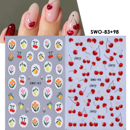 Colorful Blushimmer Sweet Element nail art stickers featuring flowers, hearts, cherries, strawberries, bows, butterflies for manicures.