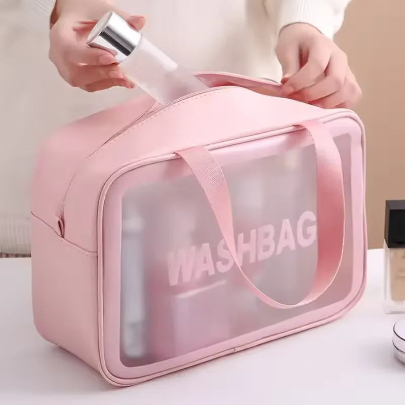 Transparent waterproof travel wash bag by Blushimmer, large capacity cosmetic organizer with multiple compartments for women.