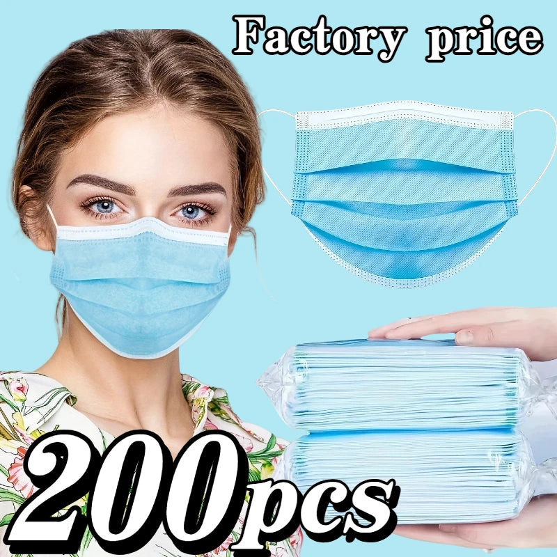 200Pcs Thickened Blue Disposable Protective Masks - 3-Layer Breathable and Comfortable, Adjustable Ear Loops and Snugly Fitting Nose Pads - 200/100/50/10 Pieces Cheap for Home Use, Can Be Purchased in Bulk, Perfect for