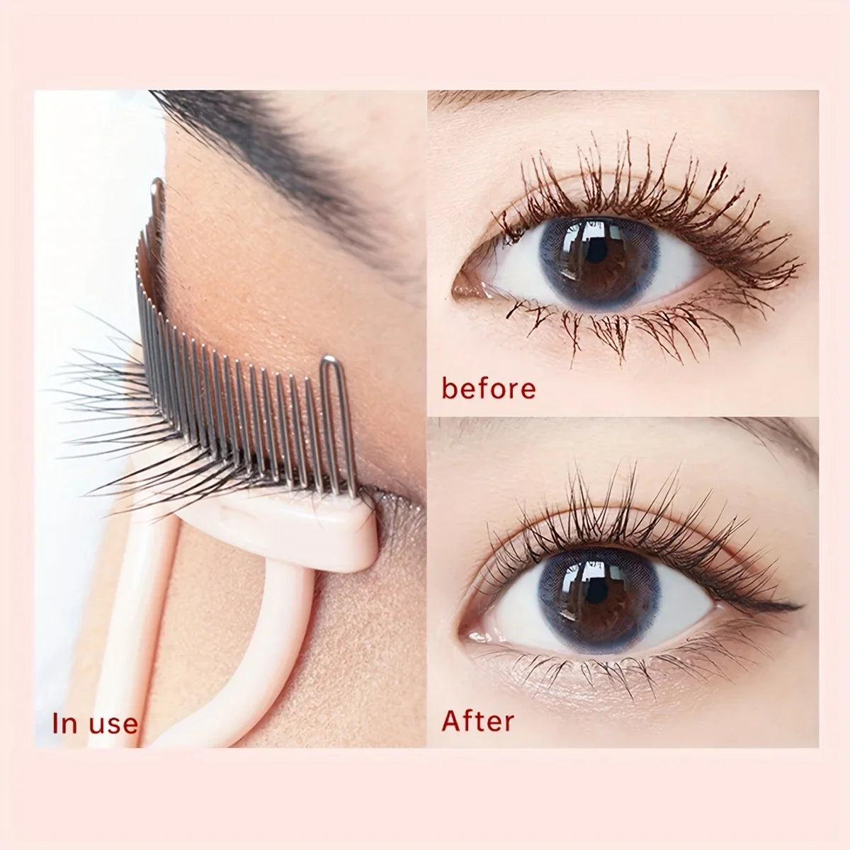 Blushimmer curved eyelash brush tool for separating and styling lashes, featuring a precision comb for grooming and lash enhancement.